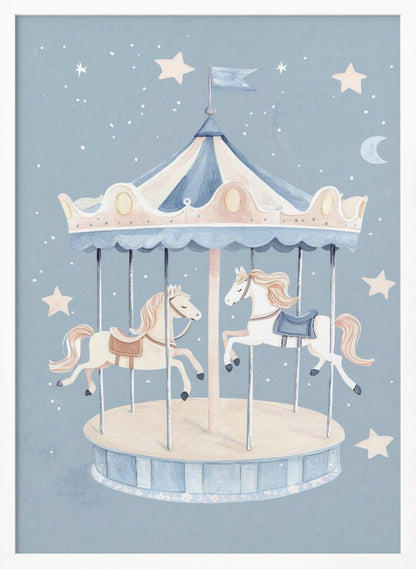 A whimsical watercolor illustration of a carousel with two horses against a soft blue background dotted with stars and a crescent moon. The merry-go-round has a blue and cream striped canopy. Print