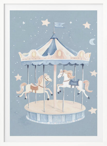 A whimsical watercolor illustration of a carousel with two horses against a soft blue background dotted with stars and a crescent moon. The merry-go-round has a blue and cream striped canopy. Print