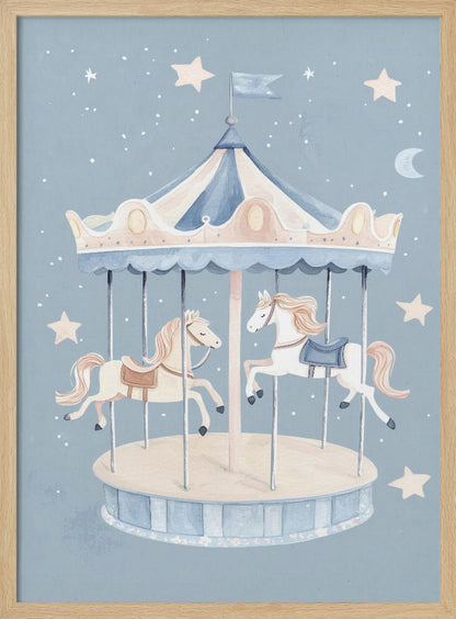 A whimsical watercolor illustration of a carousel with two horses against a soft blue background dotted with stars and a crescent moon. The merry-go-round has a blue and cream striped canopy. Print