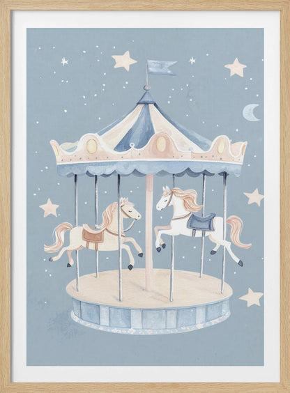 A whimsical watercolor illustration of a carousel with two horses against a soft blue background dotted with stars and a crescent moon. The merry-go-round has a blue and cream striped canopy. Print