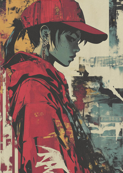 A stylized illustration of a person in profile with teal-toned skin, wearing a bright red backwards baseball cap and a matching red hoodie. The background is an abstract, distressed collage of yellow, teal, and off-white, giving the piece a gritty, street art aesthetic. Poster
