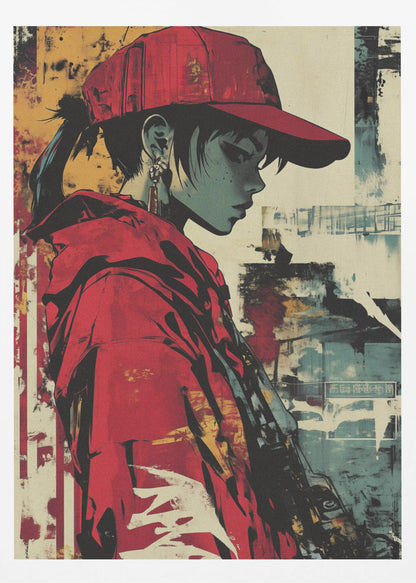 A stylized illustration of a person in profile with teal-toned skin, wearing a bright red backwards baseball cap and a matching red hoodie. The background is an abstract, distressed collage of yellow, teal, and off-white, giving the piece a gritty, street art aesthetic. Poster