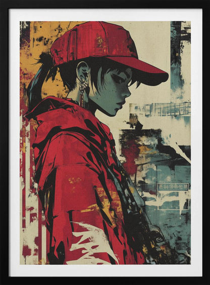 A stylized illustration of a person in profile with teal-toned skin, wearing a bright red backwards baseball cap and a matching red hoodie. The background is an abstract, distressed collage of yellow, teal, and off-white, giving the piece a gritty, street art aesthetic. Poster