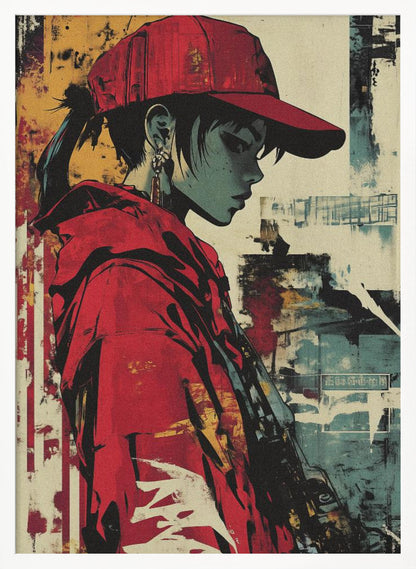 A stylized illustration of a person in profile with teal-toned skin, wearing a bright red backwards baseball cap and a matching red hoodie. The background is an abstract, distressed collage of yellow, teal, and off-white, giving the piece a gritty, street art aesthetic. Poster