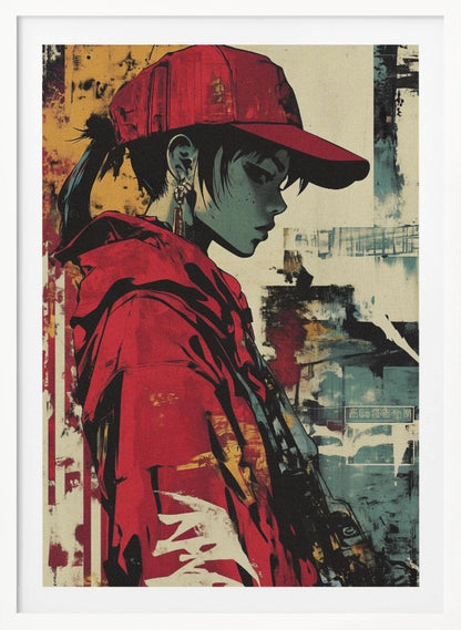 A stylized illustration of a person in profile with teal-toned skin, wearing a bright red backwards baseball cap and a matching red hoodie. The background is an abstract, distressed collage of yellow, teal, and off-white, giving the piece a gritty, street art aesthetic. Poster