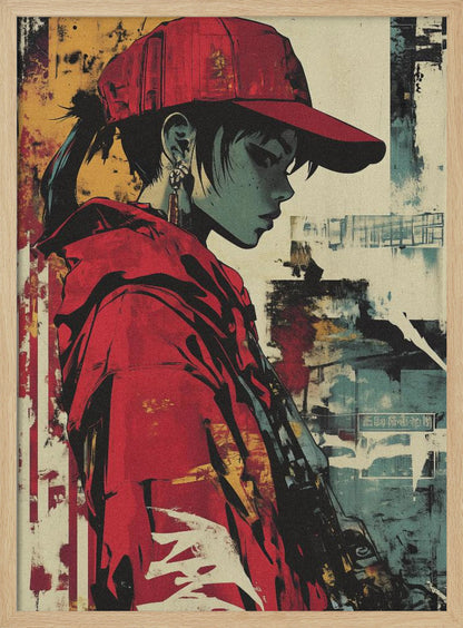A stylized illustration of a person in profile with teal-toned skin, wearing a bright red backwards baseball cap and a matching red hoodie. The background is an abstract, distressed collage of yellow, teal, and off-white, giving the piece a gritty, street art aesthetic. Poster