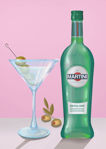 A stylized illustration of a green bottle of Martini Extra Dry vermouth next to a classic martini glass filled with a clear cocktail and garnished with three green olives on a pick. The scene is set on a light grey surface against a solid pink background, all enclosed in a thin black frame. Poster