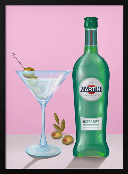 A stylized illustration of a green bottle of Martini Extra Dry vermouth next to a classic martini glass filled with a clear cocktail and garnished with three green olives on a pick. The scene is set on a light grey surface against a solid pink background, all enclosed in a thin black frame. Poster