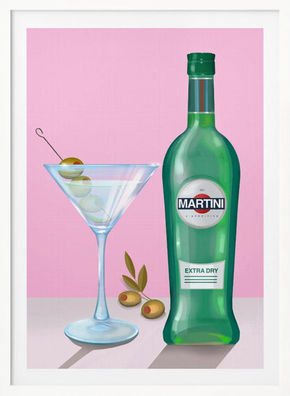 A stylized illustration of a green bottle of Martini Extra Dry vermouth next to a classic martini glass filled with a clear cocktail and garnished with three green olives on a pick. The scene is set on a light grey surface against a solid pink background, all enclosed in a thin black frame. Poster