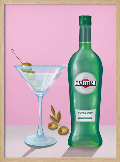 A stylized illustration of a green bottle of Martini Extra Dry vermouth next to a classic martini glass filled with a clear cocktail and garnished with three green olives on a pick. The scene is set on a light grey surface against a solid pink background, all enclosed in a thin black frame. Poster