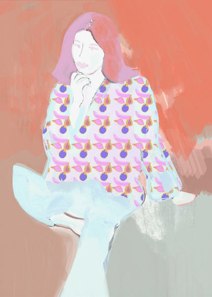 A stylized digital painting of a woman with pink hair against a warm, painterly orange and tan background. She wears a vibrant blouse with a repeating fig pattern and light blue trousers, posing thoughtfully with her hand to her chin. Artwork