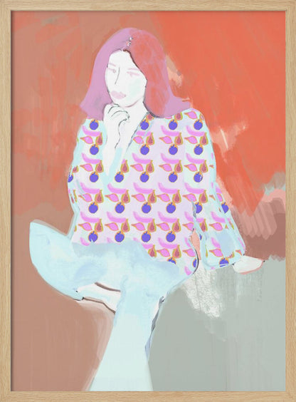 A stylized digital painting of a woman with pink hair against a warm, painterly orange and tan background. She wears a vibrant blouse with a repeating fig pattern and light blue trousers, posing thoughtfully with her hand to her chin. Artwork