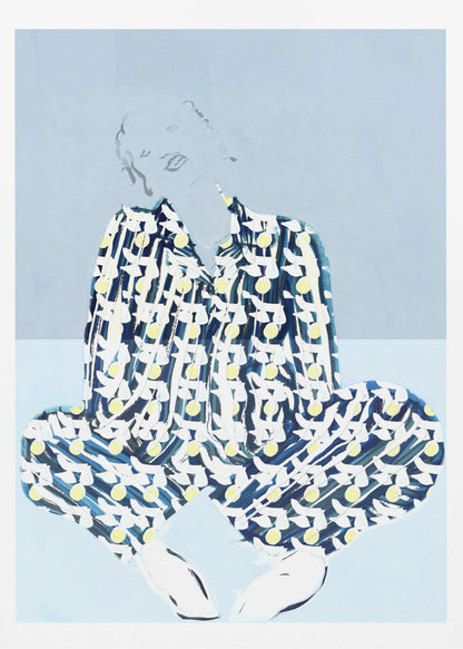 A framed fashion illustration of a person sitting cross-legged against a light blue background. The figure wears a bold, patterned blue, white, and yellow outfit, while their face and hair are rendered as faint, delicate line drawings. Wall Art