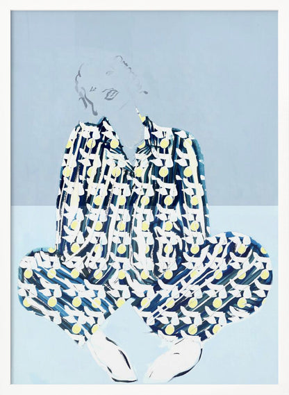 A framed fashion illustration of a person sitting cross-legged against a light blue background. The figure wears a bold, patterned blue, white, and yellow outfit, while their face and hair are rendered as faint, delicate line drawings. Wall Art