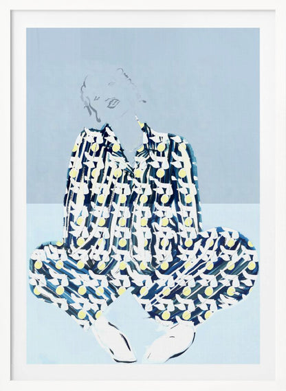 A framed fashion illustration of a person sitting cross-legged against a light blue background. The figure wears a bold, patterned blue, white, and yellow outfit, while their face and hair are rendered as faint, delicate line drawings. Wall Art