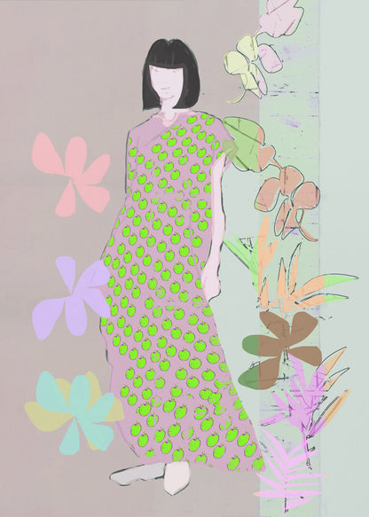 A contemporary fashion illustration of a woman with a black bob haircut. She wears a long, one-shoulder pink dress covered in a pattern of bright green apples. The background is a mix of muted pink and green, decorated with stylized pastel flowers and botanical drawings. Print
