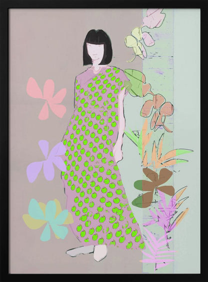 A contemporary fashion illustration of a woman with a black bob haircut. She wears a long, one-shoulder pink dress covered in a pattern of bright green apples. The background is a mix of muted pink and green, decorated with stylized pastel flowers and botanical drawings. Print
