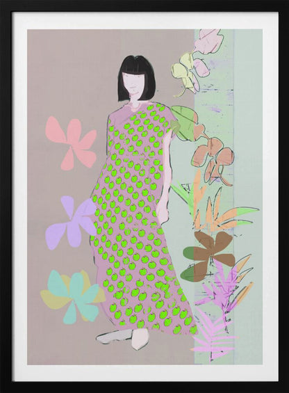 A contemporary fashion illustration of a woman with a black bob haircut. She wears a long, one-shoulder pink dress covered in a pattern of bright green apples. The background is a mix of muted pink and green, decorated with stylized pastel flowers and botanical drawings. Print