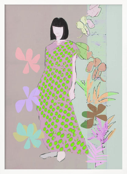 A contemporary fashion illustration of a woman with a black bob haircut. She wears a long, one-shoulder pink dress covered in a pattern of bright green apples. The background is a mix of muted pink and green, decorated with stylized pastel flowers and botanical drawings. Print