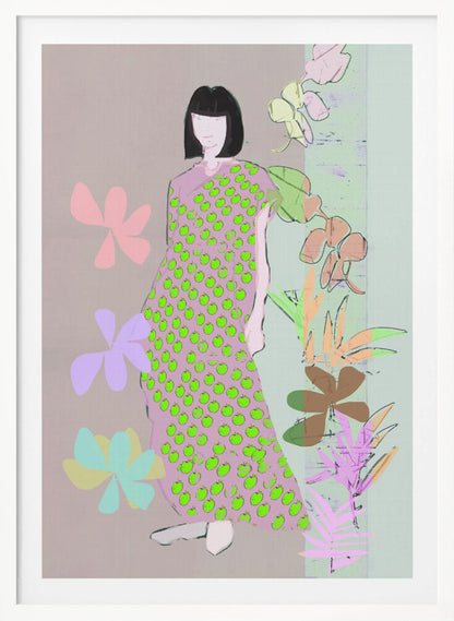A contemporary fashion illustration of a woman with a black bob haircut. She wears a long, one-shoulder pink dress covered in a pattern of bright green apples. The background is a mix of muted pink and green, decorated with stylized pastel flowers and botanical drawings. Print