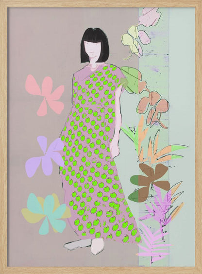 A contemporary fashion illustration of a woman with a black bob haircut. She wears a long, one-shoulder pink dress covered in a pattern of bright green apples. The background is a mix of muted pink and green, decorated with stylized pastel flowers and botanical drawings. Print