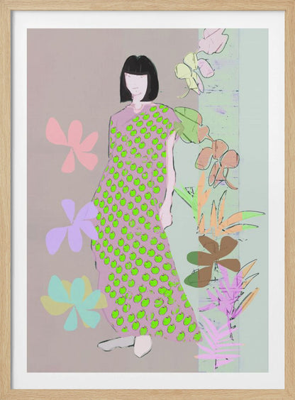 A contemporary fashion illustration of a woman with a black bob haircut. She wears a long, one-shoulder pink dress covered in a pattern of bright green apples. The background is a mix of muted pink and green, decorated with stylized pastel flowers and botanical drawings. Print