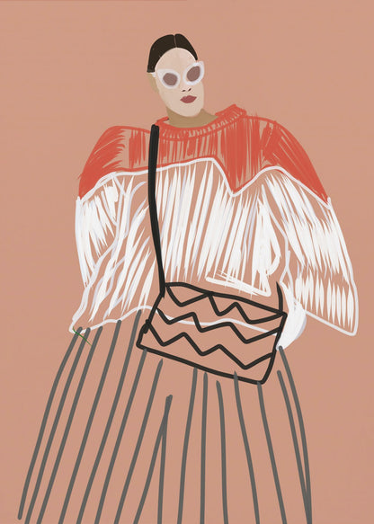 A modern fashion illustration of a stylish woman against a dusty pink background. She wears large white sunglasses, a red and white fringed sweater, a vertically striped skirt, and carries a shoulder bag with a black zigzag pattern. Wall Art