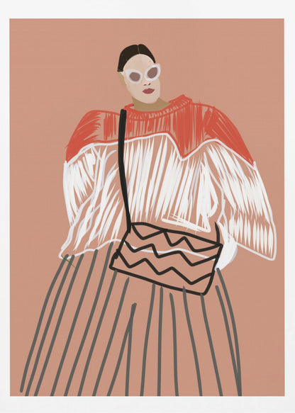 A modern fashion illustration of a stylish woman against a dusty pink background. She wears large white sunglasses, a red and white fringed sweater, a vertically striped skirt, and carries a shoulder bag with a black zigzag pattern. Wall Art