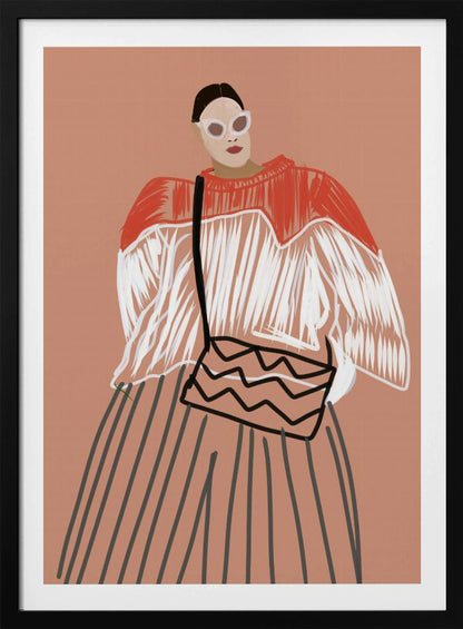 A modern fashion illustration of a stylish woman against a dusty pink background. She wears large white sunglasses, a red and white fringed sweater, a vertically striped skirt, and carries a shoulder bag with a black zigzag pattern. Wall Art