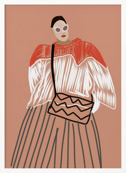 A modern fashion illustration of a stylish woman against a dusty pink background. She wears large white sunglasses, a red and white fringed sweater, a vertically striped skirt, and carries a shoulder bag with a black zigzag pattern. Wall Art