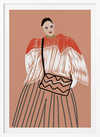 A modern fashion illustration of a stylish woman against a dusty pink background. She wears large white sunglasses, a red and white fringed sweater, a vertically striped skirt, and carries a shoulder bag with a black zigzag pattern. Wall Art