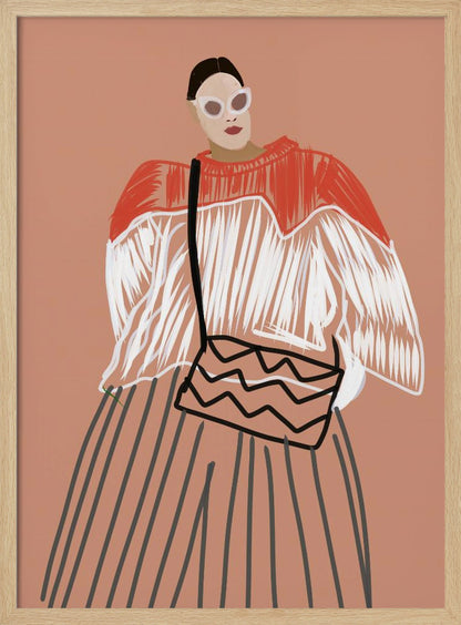 A modern fashion illustration of a stylish woman against a dusty pink background. She wears large white sunglasses, a red and white fringed sweater, a vertically striped skirt, and carries a shoulder bag with a black zigzag pattern. Wall Art