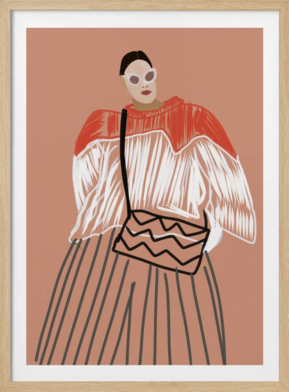 A modern fashion illustration of a stylish woman against a dusty pink background. She wears large white sunglasses, a red and white fringed sweater, a vertically striped skirt, and carries a shoulder bag with a black zigzag pattern. Wall Art