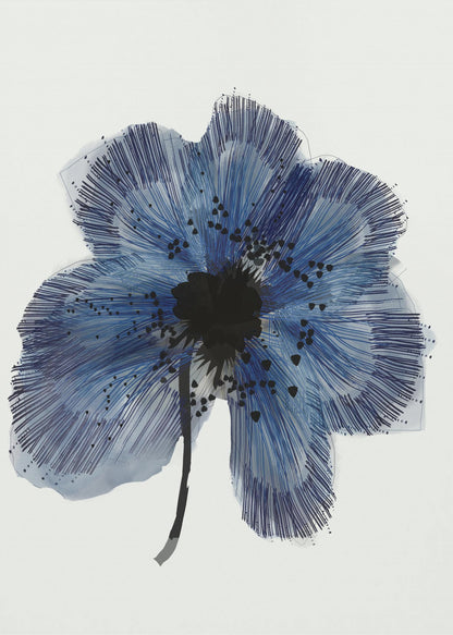 A framed modern illustration of a single large blue flower on a white background. The flower's petals are rendered with a combination of light blue watercolor wash and fine, radiating dark blue lines, creating a sense of texture. The center of the flower is a solid black mass, with smaller black shapes scattered across the petals, and it has a thin black stem. Wall Art
