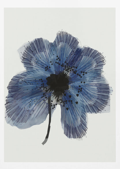 A framed modern illustration of a single large blue flower on a white background. The flower's petals are rendered with a combination of light blue watercolor wash and fine, radiating dark blue lines, creating a sense of texture. The center of the flower is a solid black mass, with smaller black shapes scattered across the petals, and it has a thin black stem. Wall Art
