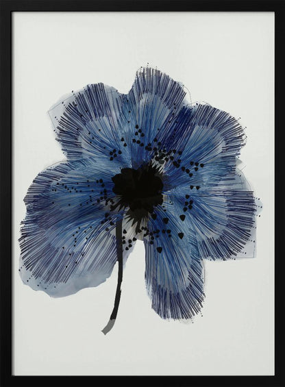 A framed modern illustration of a single large blue flower on a white background. The flower's petals are rendered with a combination of light blue watercolor wash and fine, radiating dark blue lines, creating a sense of texture. The center of the flower is a solid black mass, with smaller black shapes scattered across the petals, and it has a thin black stem. Wall Art