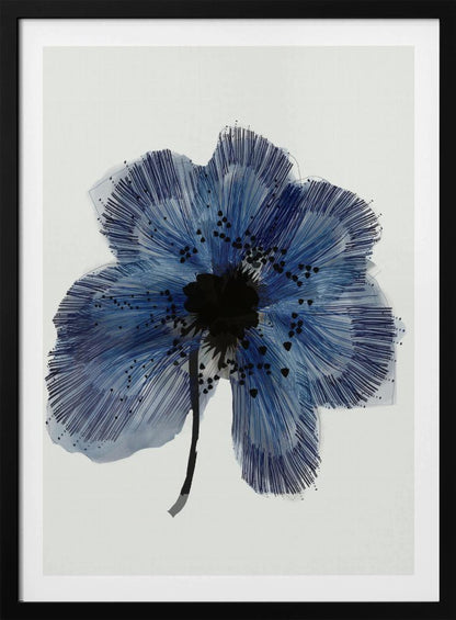 A framed modern illustration of a single large blue flower on a white background. The flower's petals are rendered with a combination of light blue watercolor wash and fine, radiating dark blue lines, creating a sense of texture. The center of the flower is a solid black mass, with smaller black shapes scattered across the petals, and it has a thin black stem. Wall Art