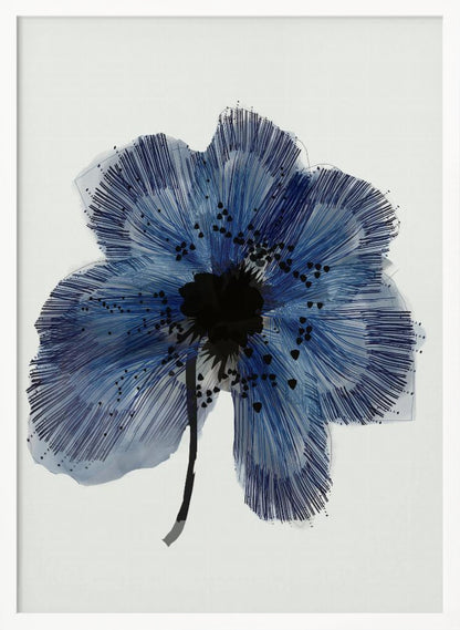A framed modern illustration of a single large blue flower on a white background. The flower's petals are rendered with a combination of light blue watercolor wash and fine, radiating dark blue lines, creating a sense of texture. The center of the flower is a solid black mass, with smaller black shapes scattered across the petals, and it has a thin black stem. Wall Art