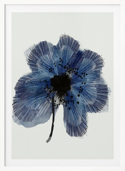 A framed modern illustration of a single large blue flower on a white background. The flower's petals are rendered with a combination of light blue watercolor wash and fine, radiating dark blue lines, creating a sense of texture. The center of the flower is a solid black mass, with smaller black shapes scattered across the petals, and it has a thin black stem. Wall Art