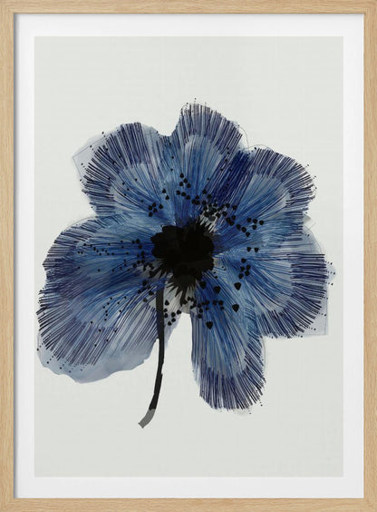 A framed modern illustration of a single large blue flower on a white background. The flower's petals are rendered with a combination of light blue watercolor wash and fine, radiating dark blue lines, creating a sense of texture. The center of the flower is a solid black mass, with smaller black shapes scattered across the petals, and it has a thin black stem. Wall Art