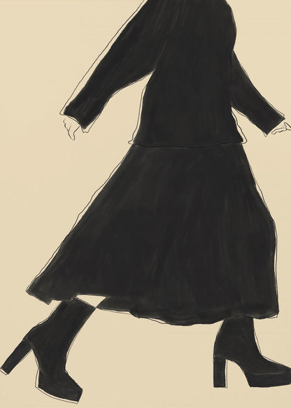 A minimalist fashion illustration of a walking woman, rendered as a black silhouette with a fine white outline against a solid cream background. She wears a long-sleeved top, a long skirt, and chunky platform high-heeled boots. The artwork is presented in a simple black frame. Artwork