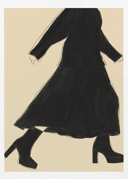 A minimalist fashion illustration of a walking woman, rendered as a black silhouette with a fine white outline against a solid cream background. She wears a long-sleeved top, a long skirt, and chunky platform high-heeled boots. The artwork is presented in a simple black frame. Artwork