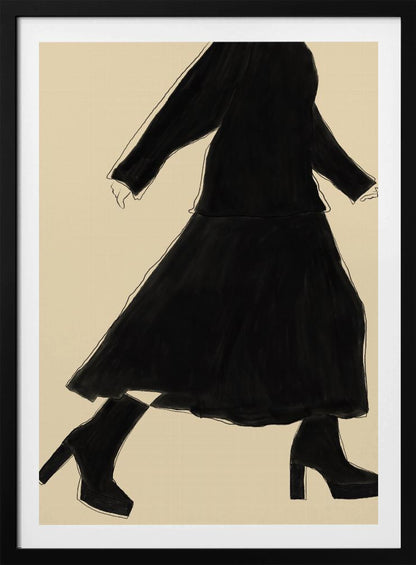 A minimalist fashion illustration of a walking woman, rendered as a black silhouette with a fine white outline against a solid cream background. She wears a long-sleeved top, a long skirt, and chunky platform high-heeled boots. The artwork is presented in a simple black frame. Artwork