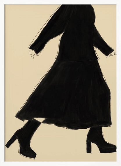 A minimalist fashion illustration of a walking woman, rendered as a black silhouette with a fine white outline against a solid cream background. She wears a long-sleeved top, a long skirt, and chunky platform high-heeled boots. The artwork is presented in a simple black frame. Artwork