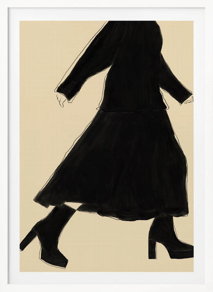 A minimalist fashion illustration of a walking woman, rendered as a black silhouette with a fine white outline against a solid cream background. She wears a long-sleeved top, a long skirt, and chunky platform high-heeled boots. The artwork is presented in a simple black frame. Artwork