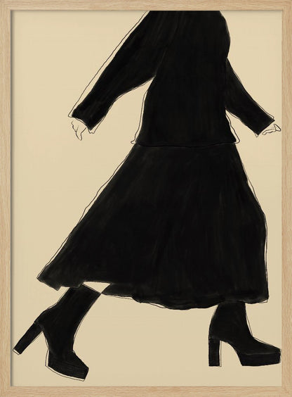 A minimalist fashion illustration of a walking woman, rendered as a black silhouette with a fine white outline against a solid cream background. She wears a long-sleeved top, a long skirt, and chunky platform high-heeled boots. The artwork is presented in a simple black frame. Artwork