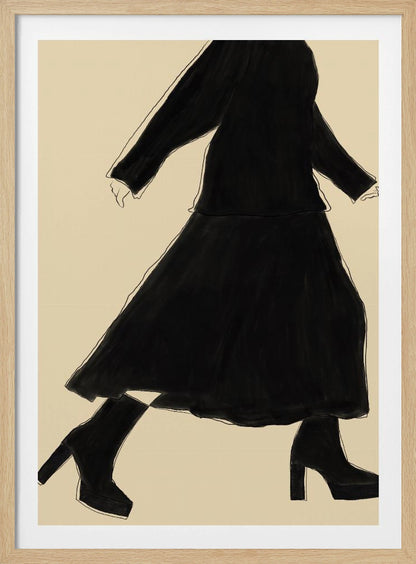 A minimalist fashion illustration of a walking woman, rendered as a black silhouette with a fine white outline against a solid cream background. She wears a long-sleeved top, a long skirt, and chunky platform high-heeled boots. The artwork is presented in a simple black frame. Artwork
