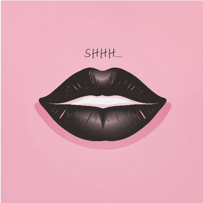 A framed pop art illustration of glossy black lips against a vibrant pink background. Above the lips, the word 'SHHH...' is written in a simple black font, implying silence. Print