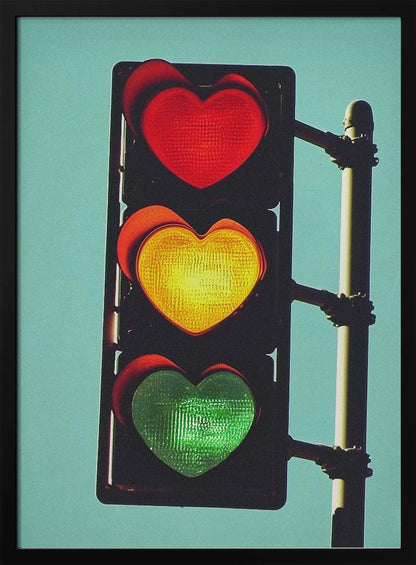 A vertical traffic light against a solid teal sky, with its red, yellow, and green signals all shaped like glowing hearts. Wall Art