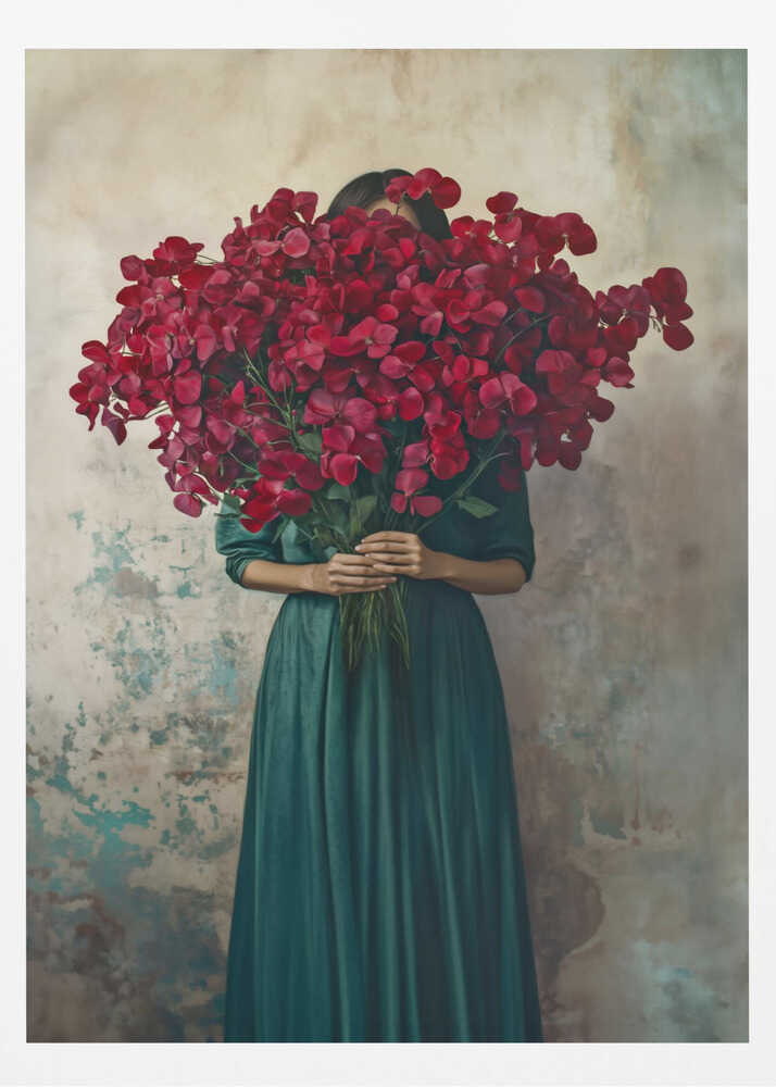 A fine art portrait of a woman in a long, dark green dress holding a massive bouquet of vibrant red flowers that completely hides her face, standing against a textured, rustic wall. Wall Art